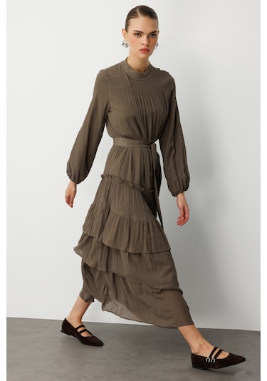 Mizalle Kat Pileli Maksi Haki Elbise Haki