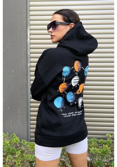 Modagen Kadın Oversize Siyah Sweatshirt Galaksi Baskılı Siyah
