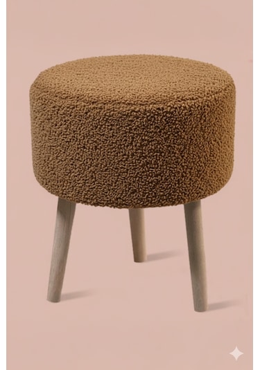 3 Ayaklı Mini Puf - Kahverengi Teddy Peluş Kumaşlı Mini Tabure Kahve
