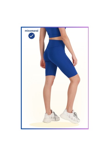 Kadın Yüksek Bel Toparlayıcı Kısa Spor Tayt Biker Şort Basics Casual & Comfort Saks Mavi 1070 Sax Mavi