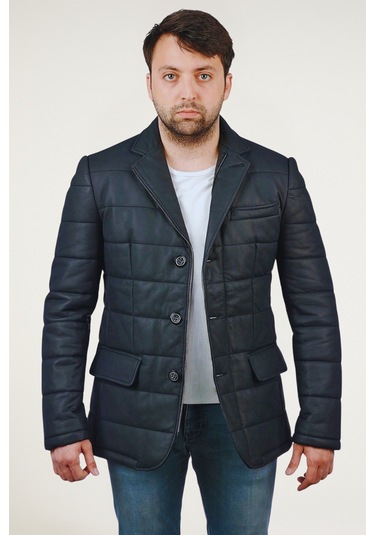 Derije Silva Hakiki Deri Erkek Tafta Lacivert Şişme Blazer Ceket Lacivert