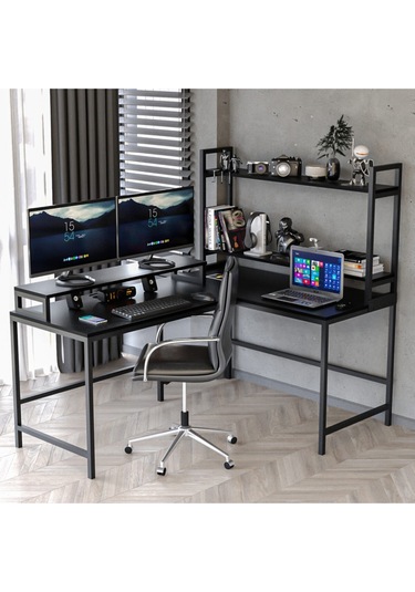 Siyah Raflı L Şekilli Ofis Masası 610 Siyah