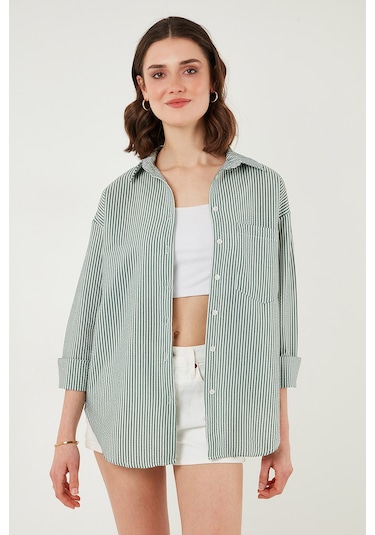 Lela Regular Fit Uzun Kollu Cepli Çizgili Bayan Gömlek 6772895 Yeşil