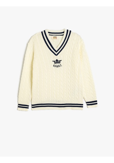 Koton Triko Kazak Örgü Detaylı V Yaka Uzun Kollu Ekru 5wkb90013ht Ekru