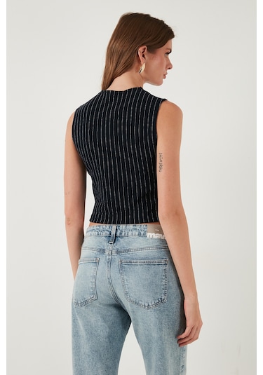 Lela Streç Fitted Fit V Yaka Düğmeli Bayan Yelek 5865971 Lacivert-Beyaz