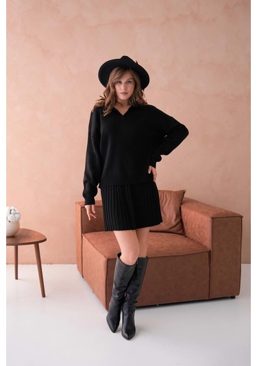 Kadın Polo Yaka Düşük Kol Kazak Kısa Etek İkili Triko Takım Siyah