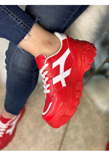 Günlük Kadın Sneaker Kalın Yüksek Taban Bağcıklı Rahat Tiger Şeritli Spor Ayakkabı 032 12 - Kırmızı Beyaz