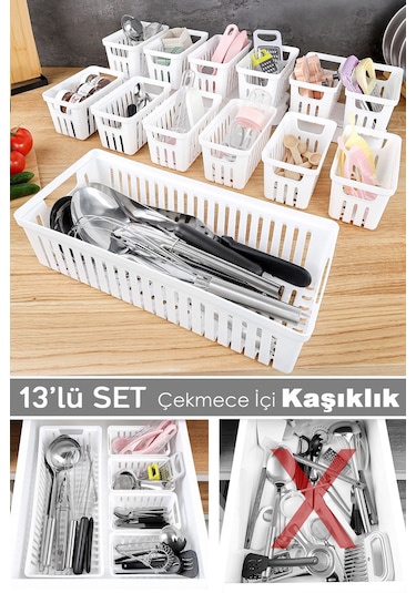 13 Parça Modüler Kaşıklık Seti - Çok Amaçlı Çekmece İçi Düzenleyici Mutfak Organizer Kepçelik Beyaz