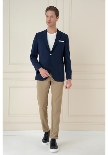 Slim Fit Torba Cep Esnek Spandex Karışımlı Düz Lacivert Blazer Ceket C 696 Lacivert