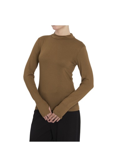 Kadın Organik Parmak Geçmeli Balıkçı Yakalı Body Açık Çikolata