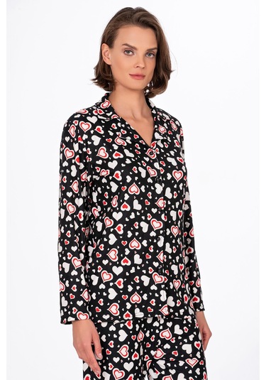 Kadın Süet Önden Düğmeli Pijama Takımı Kalpli Kırmızı Kalp