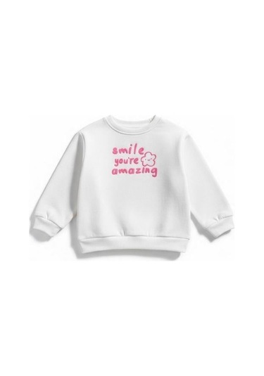 Kız Çocuk Pamuklu Çiçek Desenli Sweatshirt-16337 Ekru