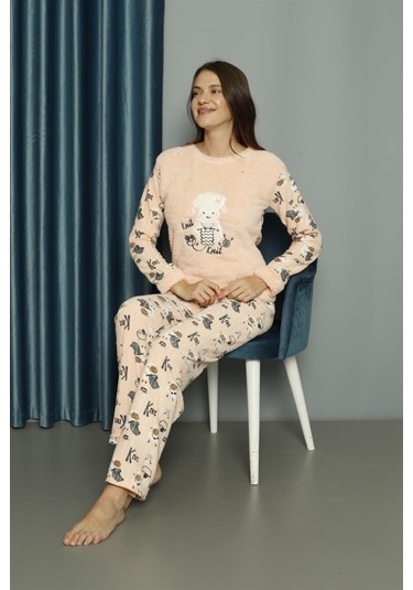 Yeni Sezon Sonbahar/kış Kadın Welsoft Polar Yuvarlak Yaka Kuzucuk Desenli Kalın Pijama Takımı 30005-somon Somon