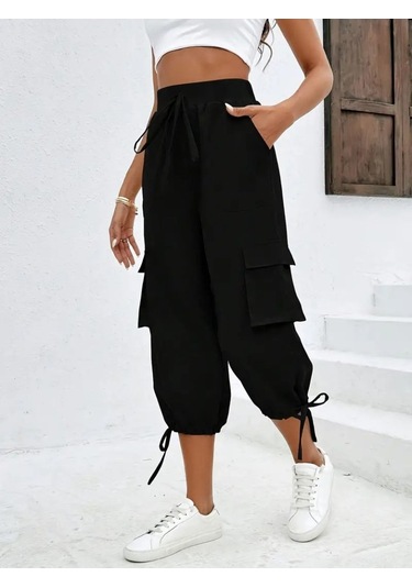 Modaserdem Kadın Yüksek Bel Beli Lastikli Bağcıklı Cepli Kargo Viskon Iki Iplik Pantolon Pudra