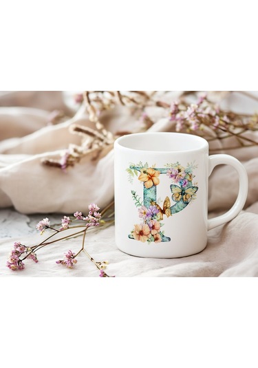 P Harfi Çiçekli Kupa Bardak - Soft Renk Çiçek Ve Kelebek Desenli Zarif Kahve Kupası - Bohem Beyaz