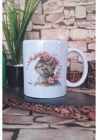 Sevimli Kedi Ve Çiçek Temalı No: 5 Hediyelik Baskılı Çay Kahve Sunum Kupa Bardak Beyaz