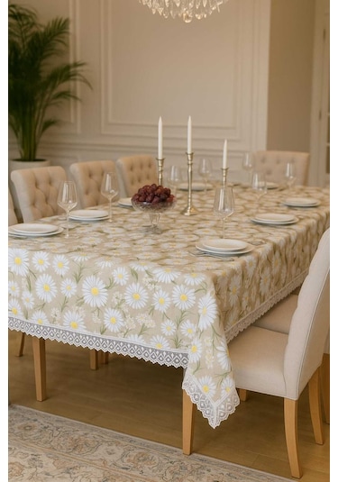 Lüks Papatya Masa Örtüsü - Dantel Süslemeli Modern Tasarım Leke Tutmaz Su Geçirmez Çok Renkli
