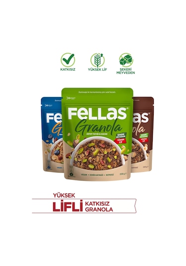 Fellas Granola 3'lü Mix Paket - Yaban Mersinli 200 G Fındık 200 G Antep Fıstığı 200 G