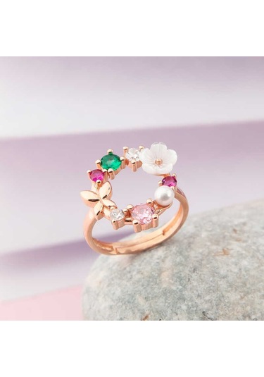Gümüş Ayarlanabilir Rose Manolya Çiçeği Kadın Yüzük Karışık Renk