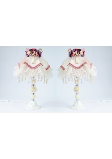 Kokoş Model Kadife Kaplı Çiçek Dekorlu Pudra Pembe Abajur