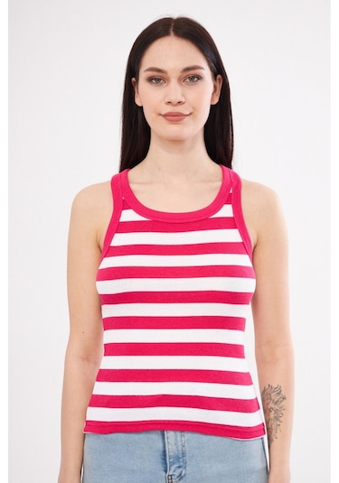 Mea Capio Kadın Çizgili Fitilli T-shirt Halter Yaka Örme Atlet Pembe - Pembe