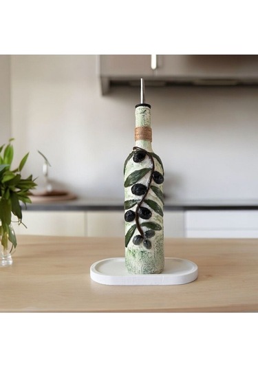 El Yapımı Kabartma Seramik Uygulamalı Zeytin Dalı Desenli Cam Şişe Sirkelik-yağdanlık, Mutfak Dekor Çok Renkli