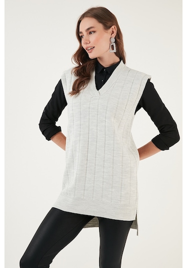 Lela V Yaka Uzun Triko Bayan Süveter 4616088 Kar Gri