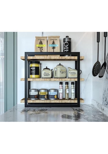 Alpa Ev Mobilya 3 Katlı Metal Çerçeveli Mutfak Organizer Baharatlık, Kahve Köşesi, Tezgah Düzenleyici. Atlantik Çam