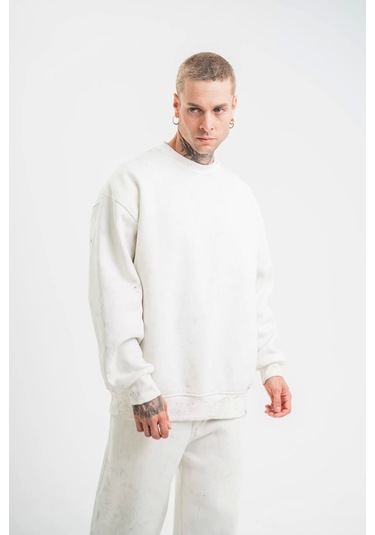 Unisex Uzun Kol Bisiklet Yaka Yıkamalı Sweatshirt - Beyaz Beyaz