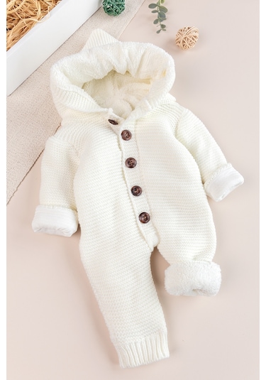 Triko Örme Welsoft Astarlı Kapüşonlu Kışlık Bebek Tulum Krem