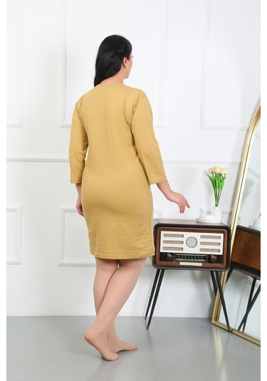 Akbeniz Kadın Büyük Beden Penye Gecelik Ev Elbisesi Hardal 12506 Hardal