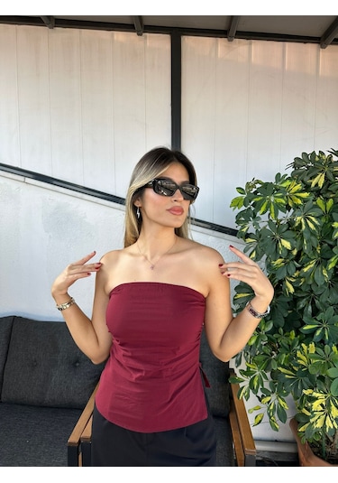 Lupinn Moda Kadın Straplez Büzgülü Askısız Bluz Bordo Ve Siyah Renk Seçenekli Bordo