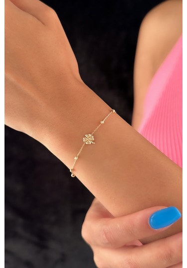 Fiyonk Kuyumculuk 14 Ayar Altın Dorika Top Detaylı Yonca Bileklik 001