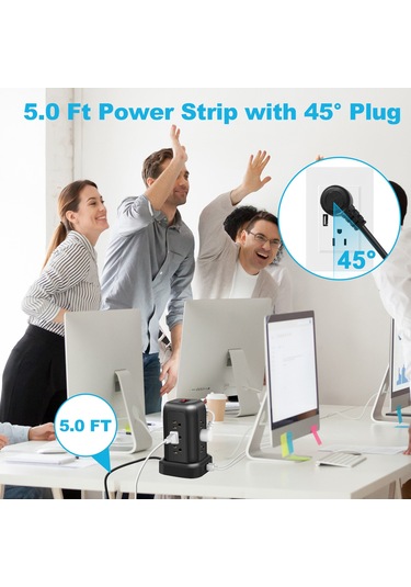 Reedark Amerikan Standartlı Dikey Priz, 12 Fişli + 3 Usb + 1 Type-c, Fırtına Ve Aşırı Yük Korumalı, 1.5m Kablolu, 2000w, Abs Kasa