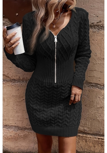 Merry See Uzun Kollu Fermuarlı Triko Örme Mini Elbise Siyah
