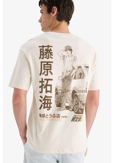 DeFacto %100 Pamuk Initial D Boxy Fit Bisiklet Yaka Sırt Baskılı Kısa Kollu Tişört F2877AX25SMER78