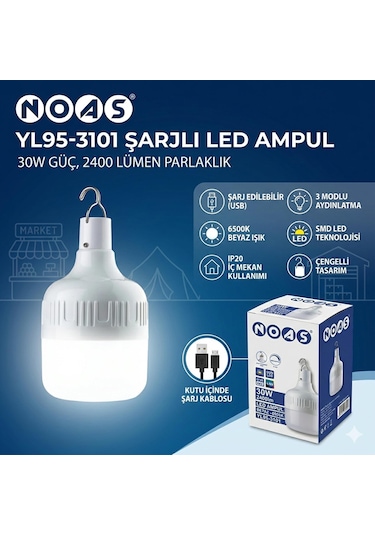 Noas 30w Şarjlı Smd Led Ampül 2400lm Ip20 3 Mod Beyaz Işık Çengelli