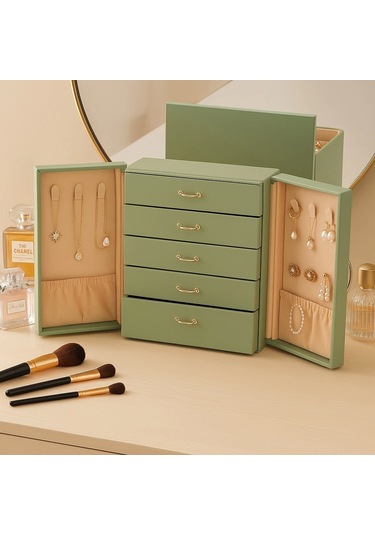Dışı Deri İçi Kadife 5 Çekmeceli Takı Bijuteri Mücevher Kutusu Organizer Düzenleyici Yeşil İthal Ürü