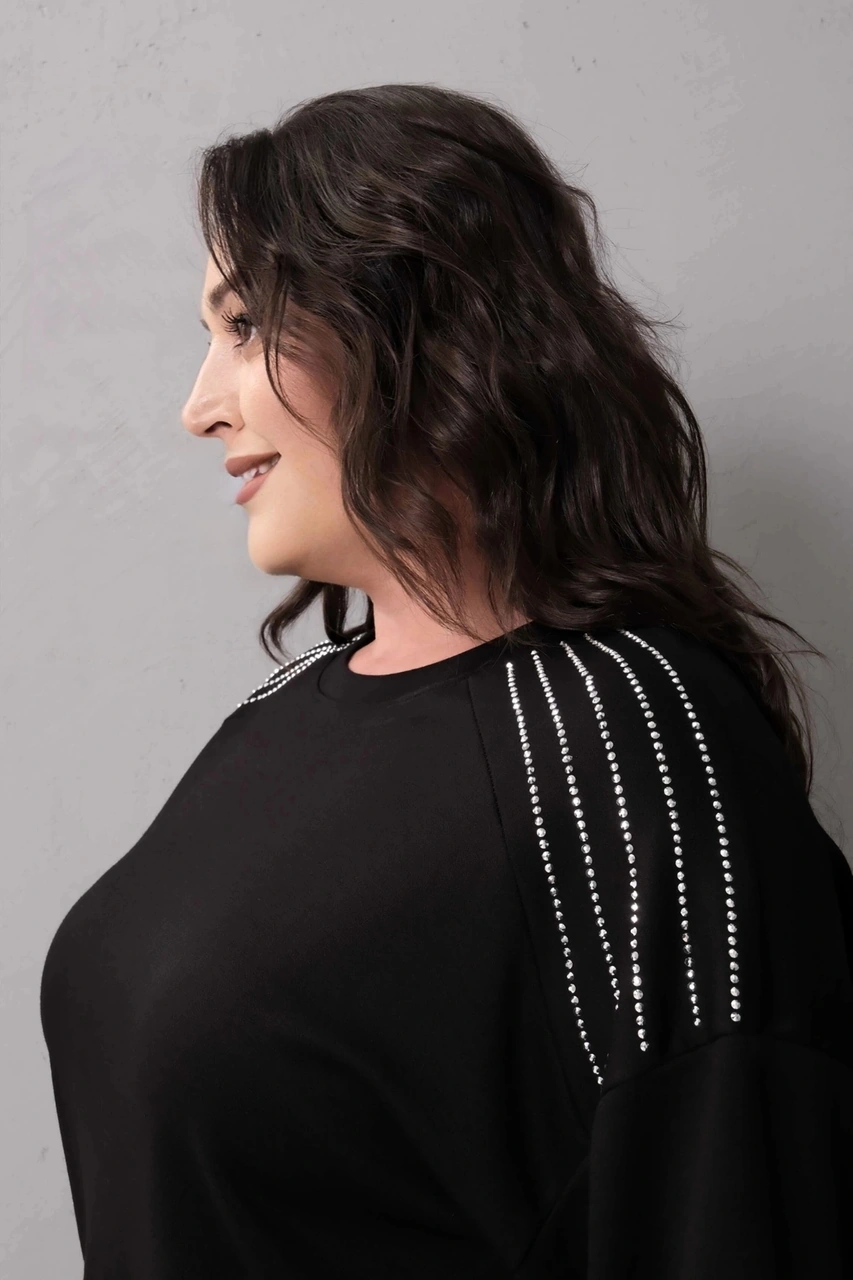 Omuzlar Taş Baskılı Sweatshirt Siyah