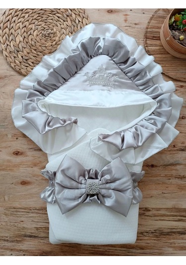 Yenidoğan Mehtap Lüks Kelebek Taç Nakışlı Bebek Battaniyesi Kundak Gri Gri