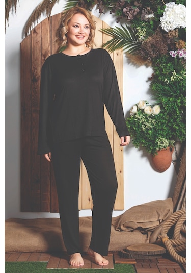 Lukitus Uzun Kol Büyük Beden Bambu Kadın Pijama Takım Siyah