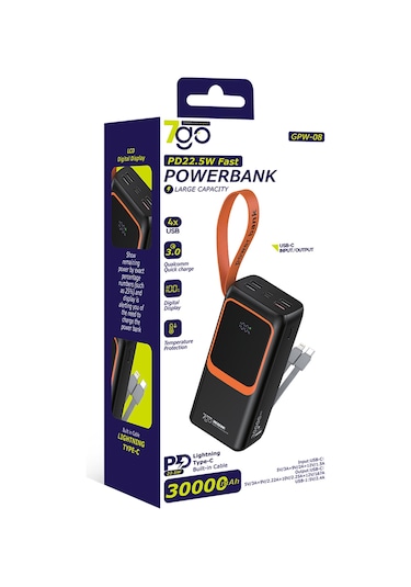 7go Gpw-08 30000mah Pd22.5w Hızlı Şarj Powerbank 4 Usb Çıkışlı, Dahili Type-c & Lightning Kablolu, Siyah