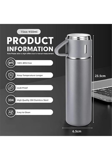 Kişiselleştirilebilir 3 Bardaklı Çelik Termos 05 Lt Gri Gri