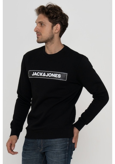 Jack & Jones Erkek Gögüs Logo Baskili Sweatshirt - Minder 12193076 Black Siyah