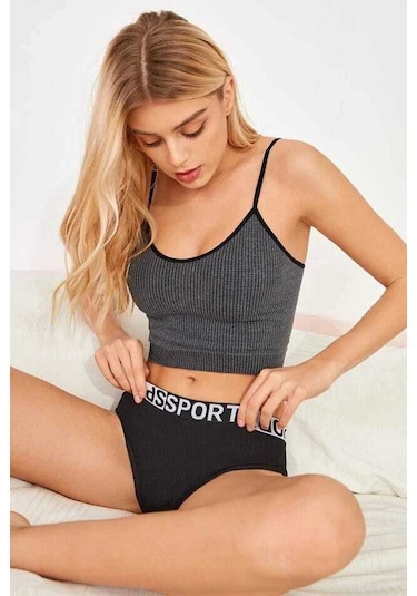 İmoda Kadın Anstrasit Gri İp Askılı Crop Top Bluz Çok Renkli