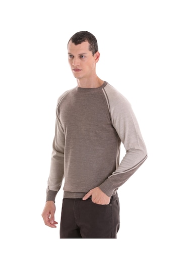 Hatemoğlu Vizon Regular Fit Bisiklet Yaka Jakarlı Yünlü Triko Kazak Vizon