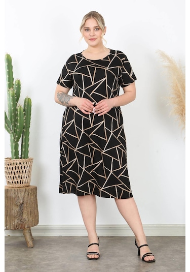 Kadın Siyah Bej Geometrik Desen Midi Elbise Siyah Bej Bej - Siyah