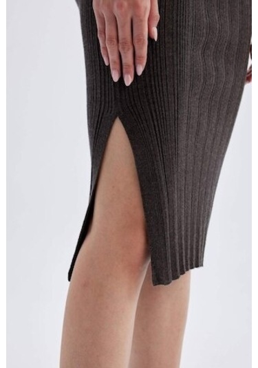 Defacto Coool Slim Fit Dar Kesim Basic Düz Yırtmaçlı Triko Midi Etek A2058AX24AUAR227 Antrasit