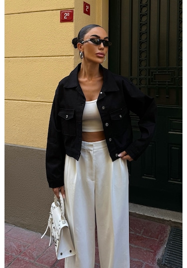 Siyah Çift Cep Denim Crop Ceket Bcdf-255419 Çok Renkli