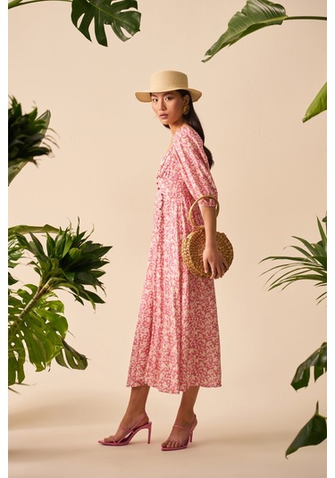 Düğme Detaylı Midi Elbise Beyaz